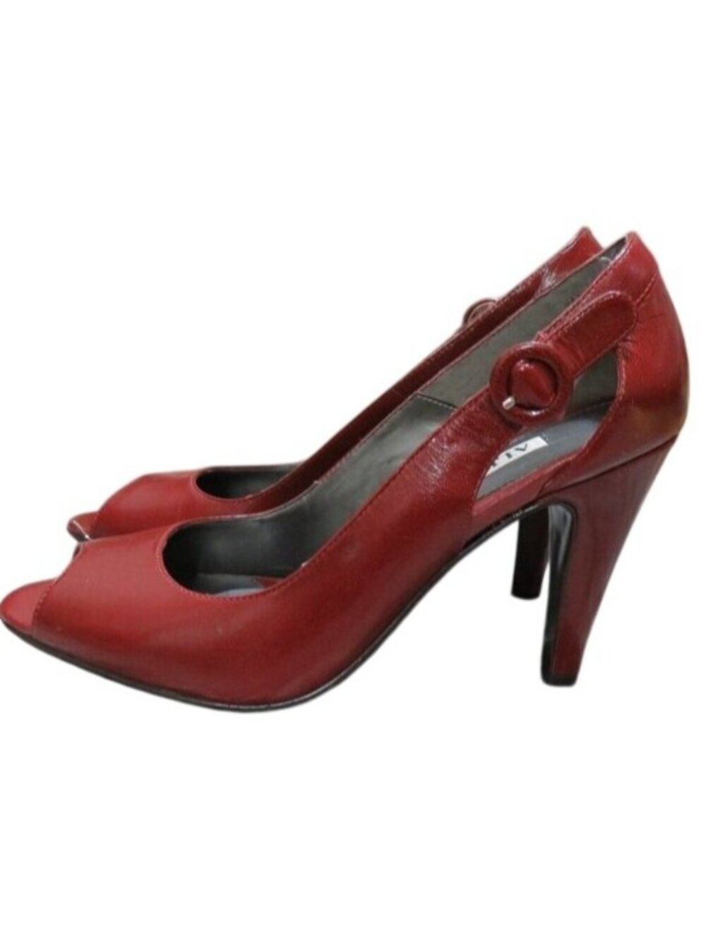 Alfani Red Leather Peep Toe Pumps Size 5.5 M Lipstick Red Side Buckle Nolitared